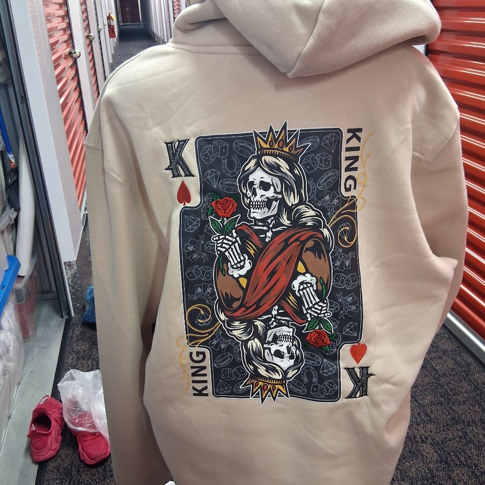 Beige Hoodie with King of Hearts Skeleton Design